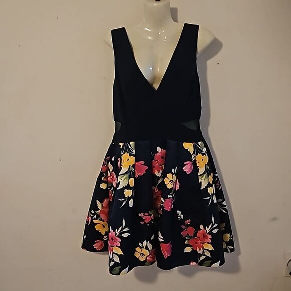 XSCAPE Women's Floral SideMesh Cutout Tutu Mini Dress 12 Navy Blue, Pink - Picture 1 of 16